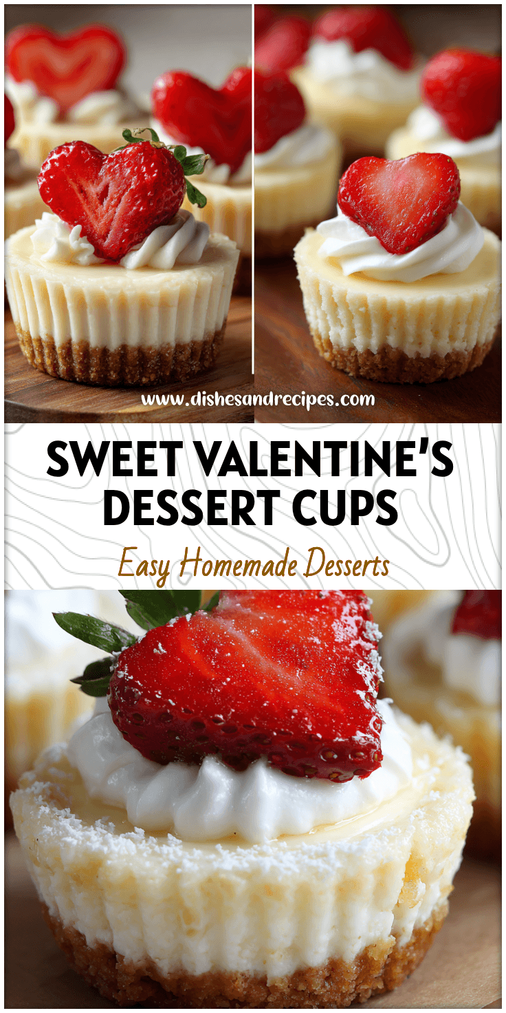 Heart-shaped Mini Cheesecakes In Cups topped with strawberries and cream on a party table.